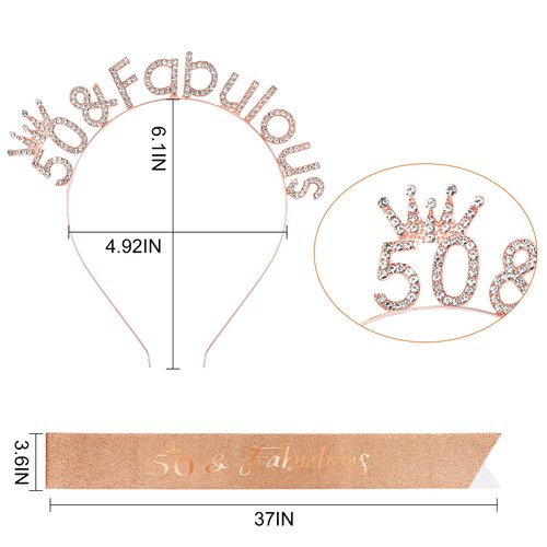 CAVETEE 50th Birthday Crown for Women，Birthday Headband Birthday Tiara 50th Birthday Sash and Crown Happy Birthday Sash for 50th Birthday Decorations for Birthday Gifts