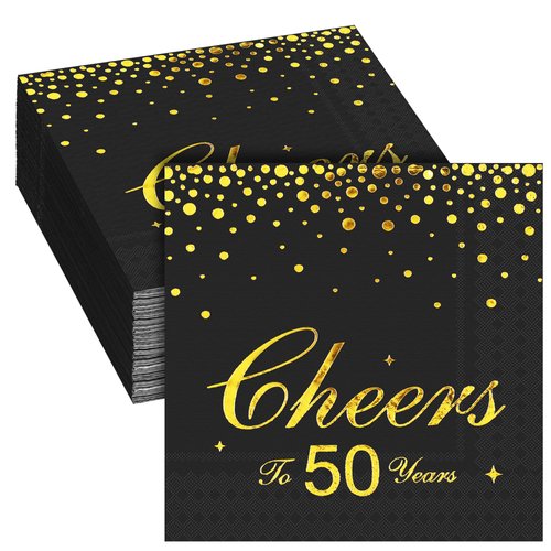 durony 60 Pieces Cheers to 50 Years Paper Napkins Black Gold Foil 3-Ply Party Napkins Folded 5 x 5 Inch Cocktail Napkins for 50th Anniversary Birthday Retirement Party Supplies Decorations