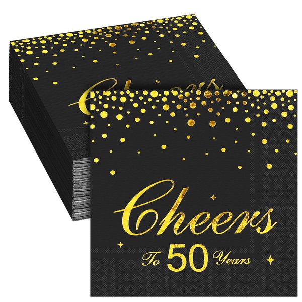 durony 60 Pieces Cheers to 50 Years Paper Napkins Black Gold Foil 3-Ply Party Napkins Folded 5 x 5 Inch Cocktail Napkins for 50th Anniversary Birthday Retirement Party Supplies Decorations