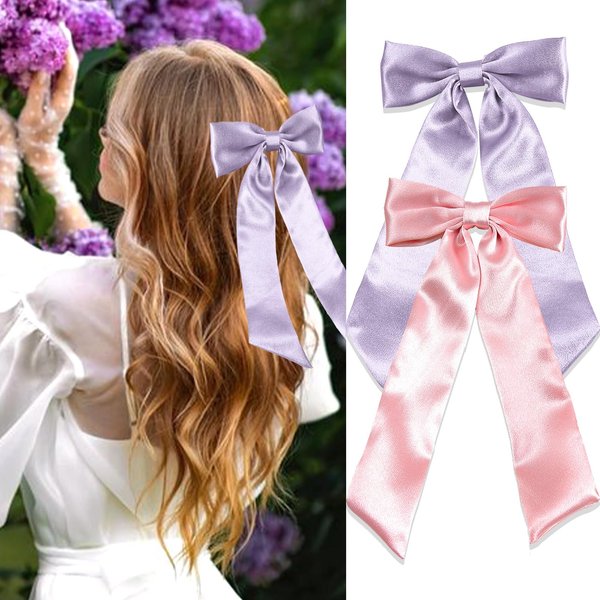 SAWINDA Pink Hair Bows for Women 2PCS Satin Hair Ribbon Hair Bows Metal Bow Hair Clips with Long Tail Hair Bows Wedding Prom Tassel Bowknot Hair Clips Hair Barrettes for Teen Kids