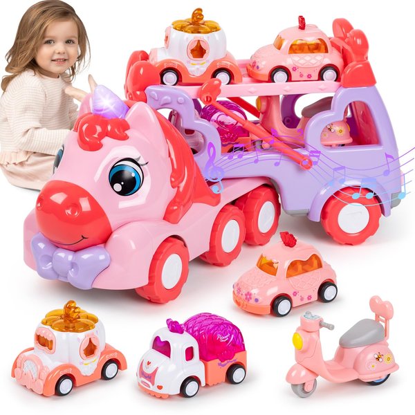 ROZEUS Toys for 3 4 5 Year Old Girl, 4 in 1 Pull Back Cars for Girl Carrier Truck Toys Trucks Toy Vehicles Set with Light & Music, Easter Birthday for Girls & Boys