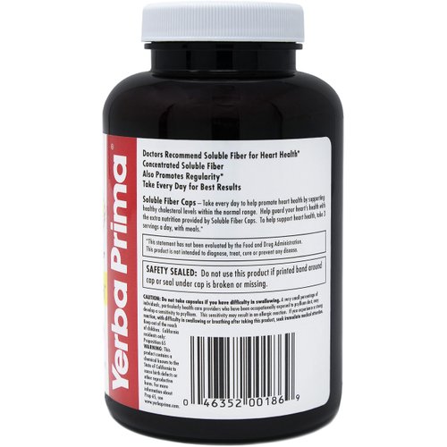 Yerba Prima Soluble Fiber Formula Capsules, 180 Count - Premium Dietary Fiber Supplement, Natural, Concentrated Soluble Fiber, Gluten Free, Non-GMO, Made in USA