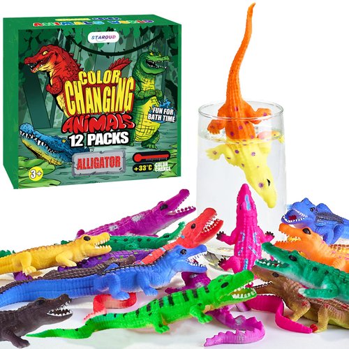 Color Changing Mold Free Bath Toys for Toddlers Kids, Color Change Alligator Toy Reptile Animal Toys (12 Pack), 6'' Stretchy Rubber Animals Crocodile Toy Water Table Toys Reptile Party Favors