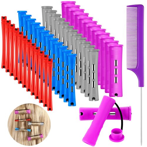 WILLBOND 48 Pieces Hair Perm Rods Short Cold Wave Rods Plastic Perming Rods Hair Curling Rollers Curlers with Steel Pintail Comb Rat Tail Comb for Hairdressing Styling (4 Sizes,4 Colors)