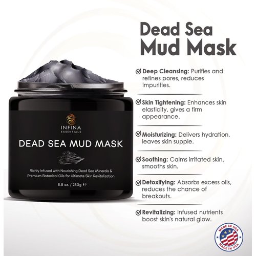 INFINA ESSENTIALS Dead Sea Mud Mask for Face & Body - Premium Natural Skin Care for Men & Women - Pore Reducer Mud Mask for Blackhead & Acne - Revitalizing & Hydrating - 8.8 oz