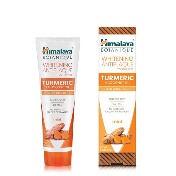 Himalaya Botanique Turmeric & Coconut Oil Whitening Antiplaque Herbal Toothpaste, Whitens Teeth, Fluoride Free, No Artificial Flavors, SLS Free, Vegan, Cruelty Free, Foaming, Mint Flavor, 4 Oz, 1 Pack