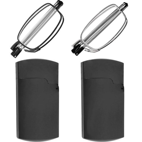 Success Eyewear Reading Glasses 2 Pair Black and Gunmetal Readers Compact Folding Glasses for Reading for Men and WomenCase Included +2