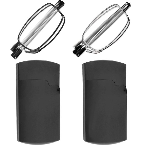 Success Eyewear Reading Glasses 2 Pair Black and Gunmetal Readers Compact Folding Glasses for Reading for Men and WomenCase Included +2