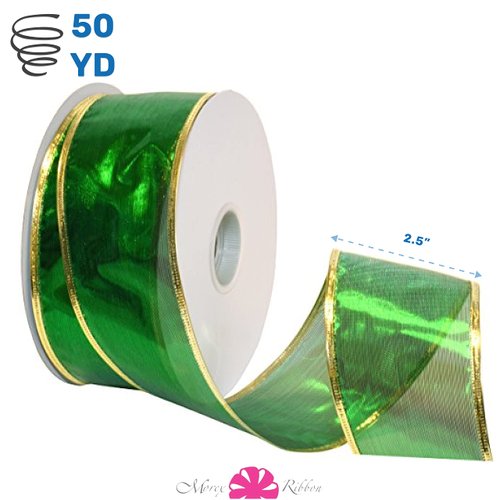 Morex Ribbon 7417.40/50 Morex Gleam 2.5" X 50 YD Wired Ribbon for Gift Wrapping, Emerald, Flower Bouquet Ribbons for Crafts, Valentines, Baby Showers, Graduation Baskets, and Wedding Decorations