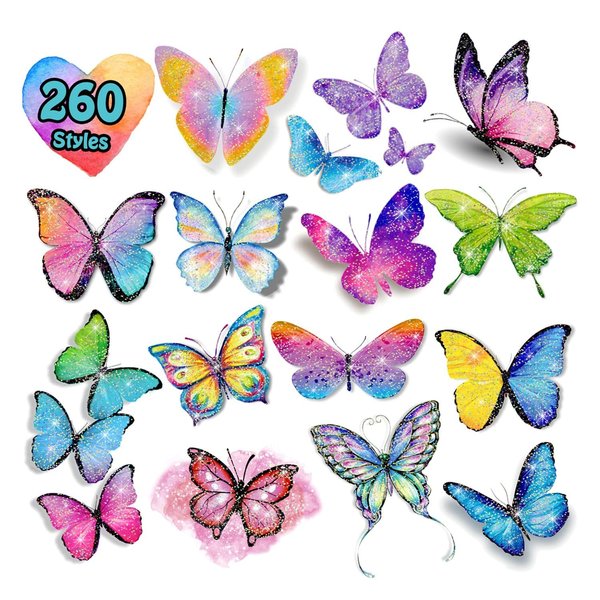 Leesgel 260 Style (20 Sheet) Butterfly Temporary Tattoo Kids, Glitter Butterfly Temporary Tattoos for Girls Birthday Party, Butterfly Party Decorations Supplies