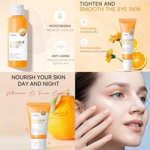 Vitamin C Skin Care Kit - Travel Essentials - 4PCS Antioxidant, Hydrating & Moisturizing Facial Skin Care Products with Toner, Serum, Face Cream & Eye Cream - Skincare for Girls 10-12 - Gift Set
