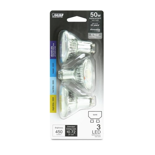 Feit Electric MR16 LED Reflector Light Bulb, 50W Equivalent, Dimmable, GU10 Base, 90+ CRI, 450 Lumen, Adjustable Color Temperature Track Lighting, 25,000-Hour Lifespan, BPMR16GU10503CCTCA/3, 3-Pack