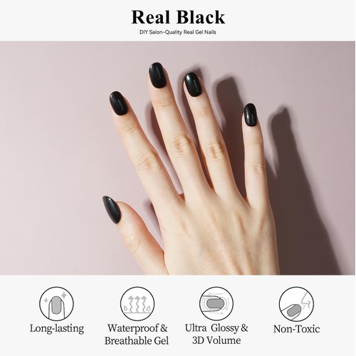 Drizzle Semi Cured Gel Nail Strips, Real Nail Polish Art Stickers (UV/LED Light Required), Glossy, Glitter, Solid Color, Full Nail Wraps Long Lasting, Nail Strips Decal for Women (Real Black)