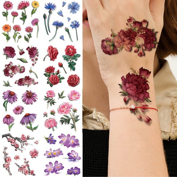 glaryyears 8 Sheets 3D Effect Flower Floral Temporary Tattoos, Arm Chest Leg Tattoo Sticker for Women, Rose Chrysanthemum Designs Body Art on Back Shoulder Waterproof Medium Size