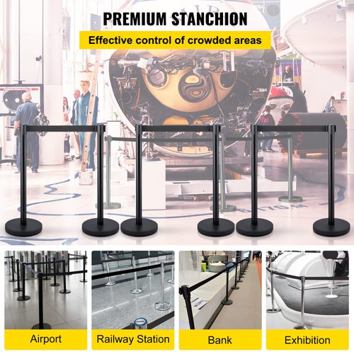 Mophorn 6PCS Stanchion Queue Post, Black 6.5ft Retractable Belt 36In Height, Stanchion Posts Queue Pole for Crowd Control Barriers