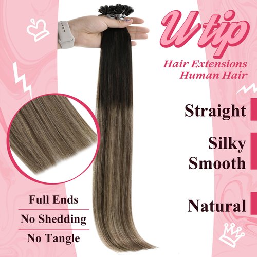Sunny U Tip Hair Extensions Human Hair Ombre Prebonded Keratin Hair Extensions Utip Black Ombre Dark Brown Balayage Ash Blonde Utips Real Hair Extensions Hot Fusion Silky Hair 50g 20inch