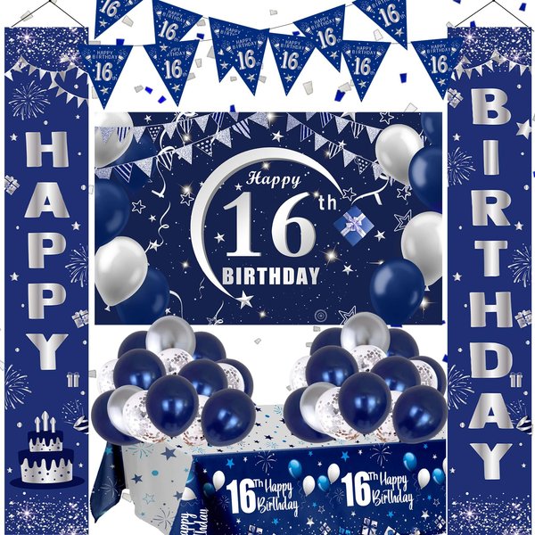 16th Birthday Decorations for Boys and Girls Blue, Happy 16th Birthday Door Backdrop Banner Balloons 16 Years Old Birthday Porch Sign Party Supplies with Latex Balloons Decor 16th Bday Women Her Him
