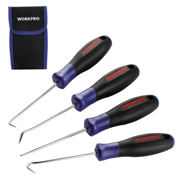 WORKPRO Precision Pick and Hook Set, 4 Piece Pick Tool Set Includes Angled, Straight, and Full Hooks and Picks for Mechanic, Pick Mini Hooks Puller Remover Hand Tools with Storage Bag