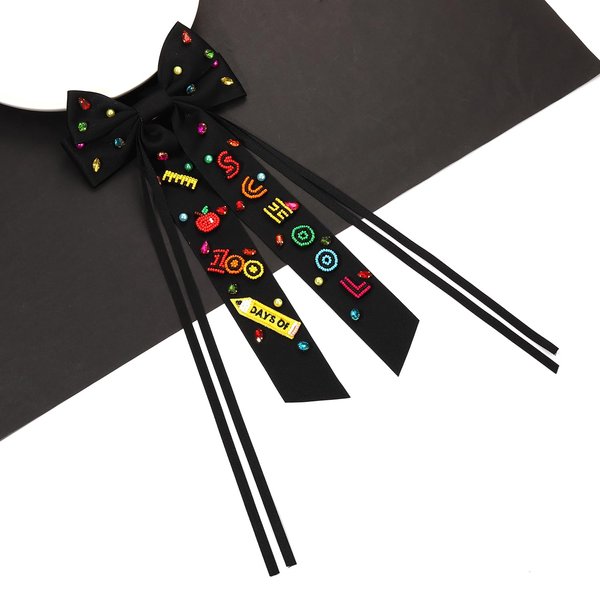 Back to School Hair Bow Clip Pink Tassel Pearl Rhinestone Embellished Hair Bow Cute BACK TO SCHOOL Ribbon Bow Barrette Hair Accessories Teacher's Day Outfit (100 days of school black)