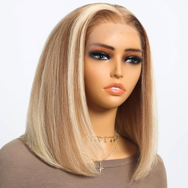 SUPERLOOK P12/613 Bob Wig Human Hair 13x4 Ready to Go Glueless Highlight Bob Wig 12A P12/613 Lace Front Wigs Human Hair 210% Density HD Lace Front Wig Pre Plucked (12inch, 13X4 Bob Wig)
