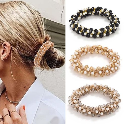 Fashey Pearl Hair Ties Beaded Ponytail Holder 3 Pcs Rhinestone Hair Scrunchies Elastic Hairband Hair Accessories for Women (black,grey,champagne)
