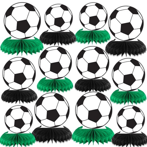 QOUBAI 12 Pcs Soccer Party Decorations Soccer Honeycomb Centerpieces Sports Themed Table Decorations Sports Tabletop Honeycomb Ornaments for Boys Birthday Baby Shower Party Supplies Decor