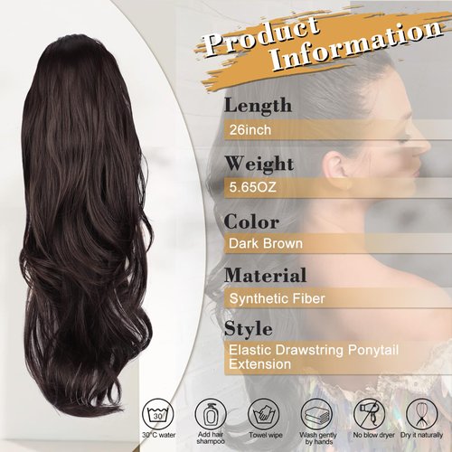 AISI BEAUTY Ponytail Extension 26 Inch Long Wavy Drawstring Ponytail for Women Dark Brown Pony Tails Hair Extensions Multi-Layered Synthetic Clip in Ponytail