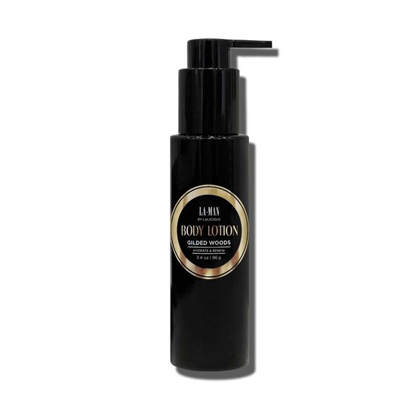 LaLicious La-Man Body Lotion, Gilded Woods Scent - Mens Body Lotion with Shea Butter, Aloe Vera, Vitamin E & Omega Fatty Acids for Long-Lasting Hydration - Non-Greasy Body Lotion for Men (3.4oz)