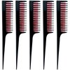 5-Piece Triple Teasing Comb Set - Rat Tail Combs for Women, Perfect for Adding Volume and Evening Styling (Black with Red, 8 x 1.2 inch)