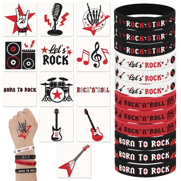 Sinasasspel 36PCS Rock And Roll Tattoos Silicone Bracelet Party Favors Born to Rock Decorations Supplies Temporary Tattoo Let’s Rock Rubber Wristband 60s 80s Retro Rock Band Party Decor