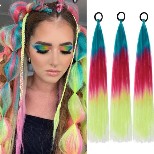 PORSMEER 3 Pack Hair Tinsel Colored Braided Ponytail Extension,colorful Gradient Hair Extensions with Elastic Tie Wrap Around Braiding Sparkling Hair Extension for Braids 24inch(Cyan/Red/Yellow)