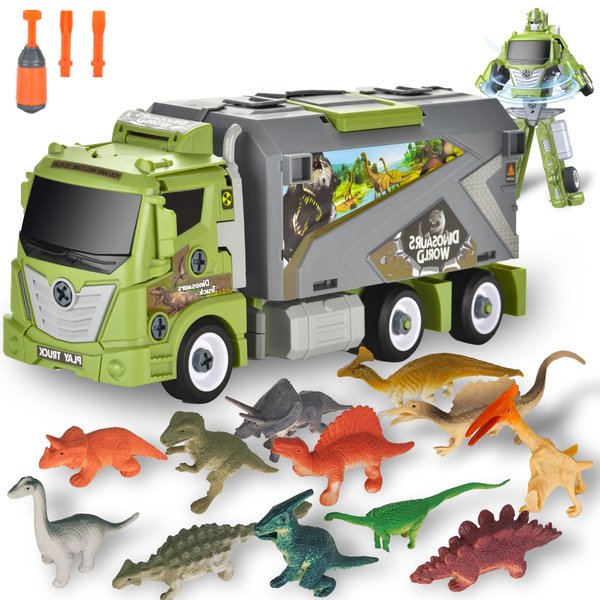 FGSOSO Toys for 3 4 5 6 Year Old Boy Girl, 3 in 1 Dinosaurs Transport Truck Can Transform Robot with 12 Dinosaur Figures, Carrier Truck Car Playset Toy Car for Toddlers Christmas Birthday Gifts