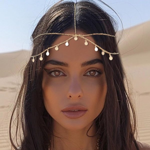 CAKURE Boho Head Chain Gold Sequins Headbands Chain Layered Bridal Headpiece Jewelry Festival Halloween Wedding Hair Accessories for Women