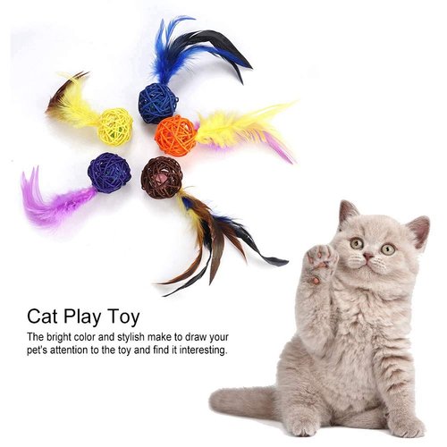 Ichiias 5 pcs/Set Cat Toy Colorful Kitten Plush Rattan Balls with Feather Ring Bell