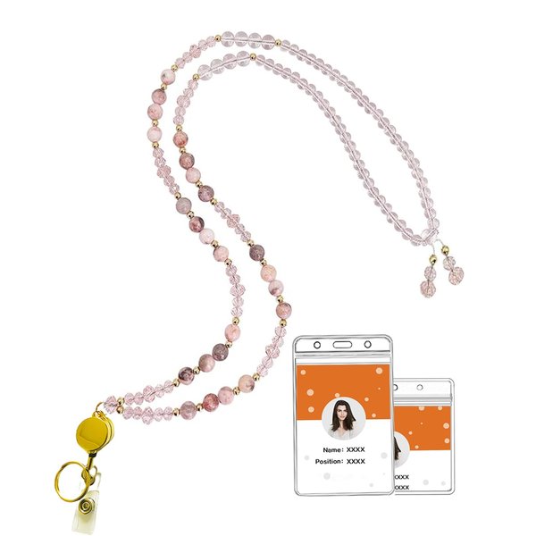 Lanyards for ID Badges and Keys, Teacher Lanyard with ID Holder and Reel Natural Stone Beaded, Retractable Badge Lanyards for Women Nurse Student Office