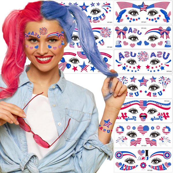 10Sheets 4th of July Glitter Face Temporary Tattoo Stickers Independence Day Glow in The Dark Red White Blue USA Flag Star Heart Eye Body Makeup Decals for Women Girls Costume Parade Party Decor