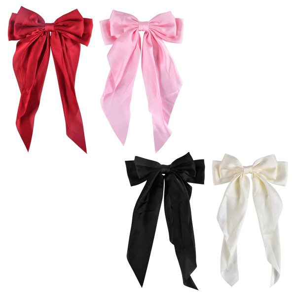 4 PCS Hair Bows Cute Hair Clips for Women Hair Ribbon Tassel with Long Tail Hair Bows Hair Accessories Silky Satin Barrettes Ponytail Holder Bow for Valentine's Day
