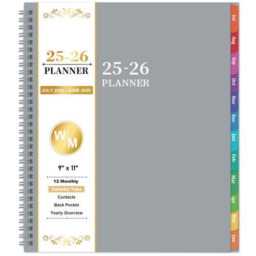 2025-2026 Planner - Jul.2025 to Jun.2026, Weekly and Monthly Planner 2025-2026, 9"×11", Colorful Tabs, Inner Pocket, Twin-wire Binding - Grey