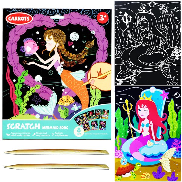 JUNQIU Scratch Art for Kids, Mermaid Black Rainbow Scratch Art Paper Set-Arts and Crafts Kits & Supplies, Mermaid Toys Gifts for Toddlers Girls Birthday Christmas