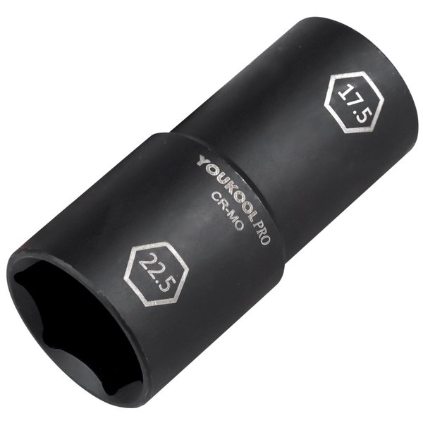 YOUKOOL 1/2-Inch Drive Double Ended Impact Socket, 17.5mm x 22.5mm, 6-Point,Thin Wall Wheel Protector Nut Socket, Made from Robust and Anti-Corrosive Steel, Precise Laser-Etched Size Markings