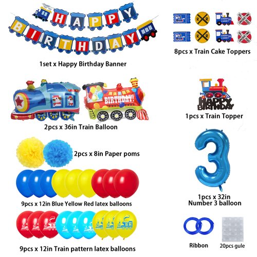 TTrain 3st Birthday Decorations Boys Train, 3 Years Old Birthday Party Supplies With Number 3 Foil Balloons Train Birthday Banner,Latex Balloons, Cake Topper, For Kids Train Birthday Party Decoration