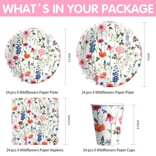 HIPVVILD Floral Party Decorations Tableware, Wildflower Party Supplies, Plate, Cup, Napkin, Tablecloth, Cutlery, Spring Summer Flower Party Decorations For Birthday Baby Shower Tea Party | Serve 24