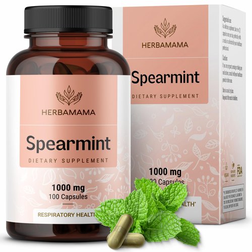 HERBAMAMA Spearmint Leaf Capsules - 1000 mg Spearmint Leaves for Digestive Health Support - Mentha Spicata Spearmint Supplement - Vegan, Non-GMO - 100 Caps