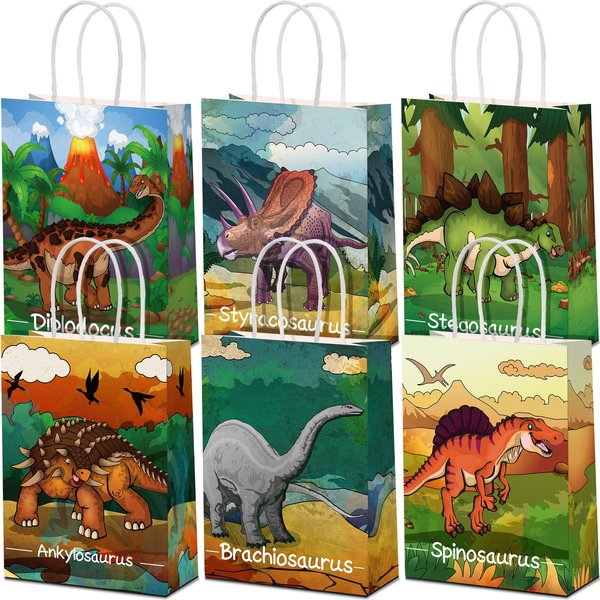 24 Pcs Dinosaur Party Favor Gift Bags with Handle, Dinosaur Kraft Paper Gift Wrap Bags Kids Goodie Treat Bags for Boys Girls Dinosaur Dino Theme Birthday Baby Shower Party Supplies(Vivid Style)