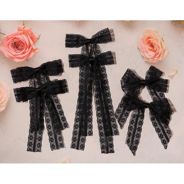 XFYUZR 6PCS Lace Hair Bows for Women Flower Metal Clip Bow Hair Clips with Long Tail Tassel Hair Ribbon for Girls Kids Gift Hair Accessories (Black)
