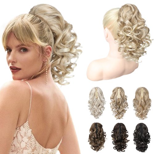 REECHO 12" Ponytail Extension, Classic Loose Curly Wavy Claw Clip Pony tails Hair Extensions Hairpieces for Women - Dark Blonde with Light Ends