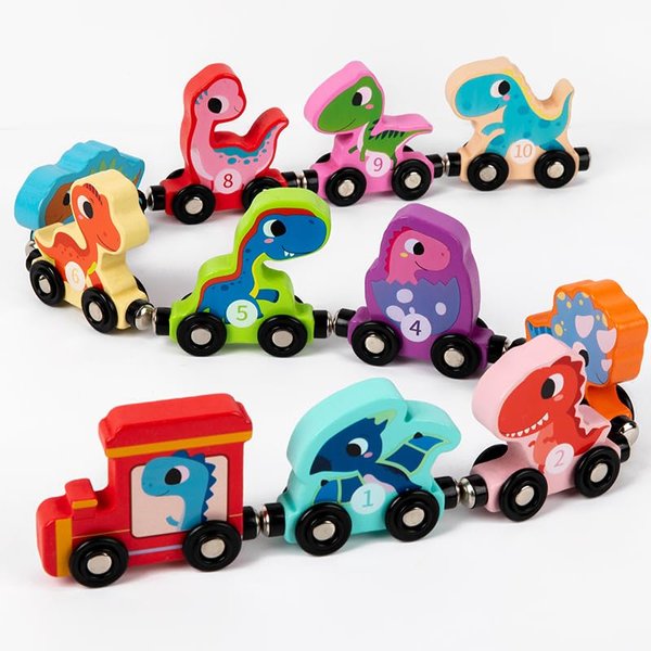 soehso Toddler Toys 11 Magnetic Wooden Train Set for Toddlers Dinosaur Train Montessori Toys for Toddlers, Preschool Learning & Fun and Activities for Kids