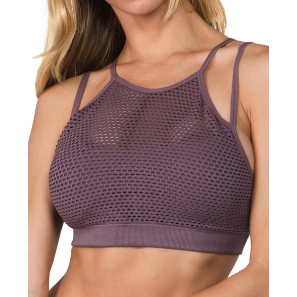 YELETE Women's High Neck Mesh Overlay Sports Bra Color Smoky Mauve Size S