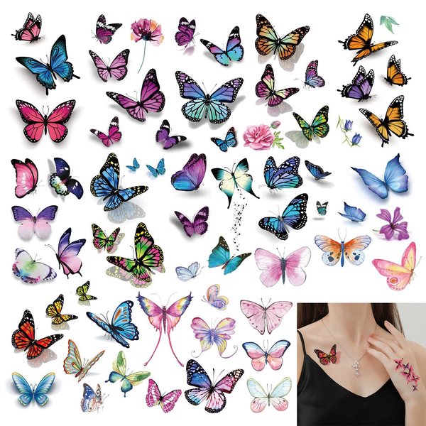 LOMIMOS Spring 200+pcs 3D Butterfly Temporary Tattoos,Waterproof Stickers for Kid Adult Body Art Party Goodie Bag(20 Sheets)
