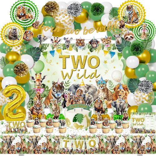 Mpanwen Two Safari Wild Birthday Decorations for 2 Years Old Boys Girls, 2nd Safari Jungle Party Supplies - Backdrop, Banner, Tablecloth, Palm Leaves, Centerpieces, Paper Honeycomb, Fans Pompoms
